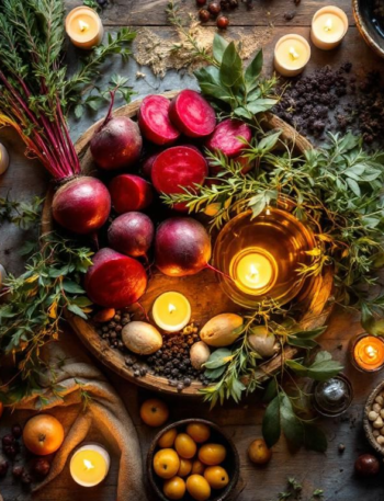 a rustic earthen table with clay bowls, fresh herbs, candles, and soil-stained hands arranging ingredients a rustic earthen table with clay bowls, fresh herbs, candles, and soil-stained hands arranging ingredients