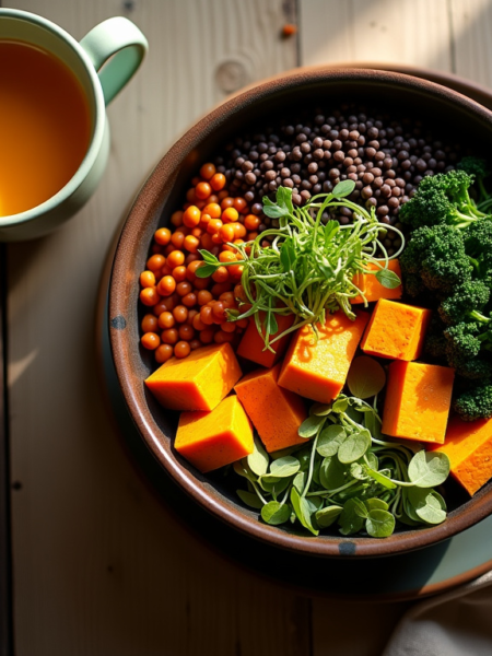 Longevity Harmony Bowl featuring black rice, lentils, roasted sweet potatoes, tofu, and kale arranged in a vibrant mandala